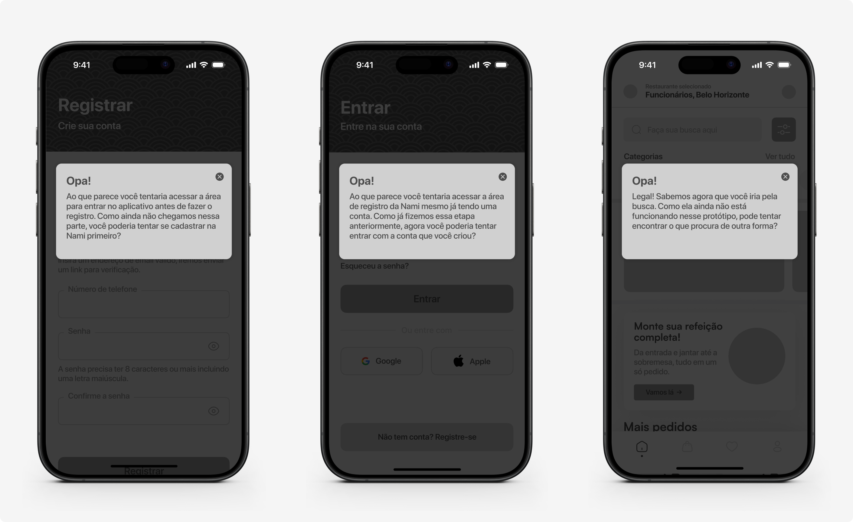 Low-fidelity prototype screens: sign-up, login and home
